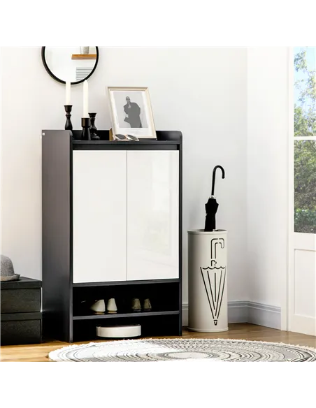 HOMCOM High Gloss Shoe Cabinet with White Doors and Open Shelves, Hallway Shoe Cupboard Storage Organiser for 15 Pairs of Shoes,