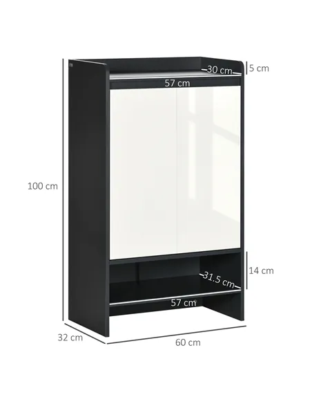 HOMCOM High Gloss Shoe Cabinet with White Doors and Open Shelves, Hallway Shoe Cupboard Storage Organiser for 15 Pairs of Shoes,