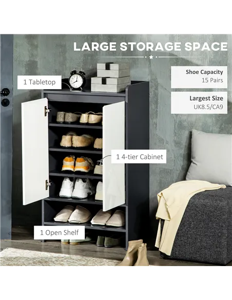 HOMCOM High Gloss Shoe Cabinet with White Doors and Open Shelves, Hallway Shoe Cupboard Storage Organiser for 15 Pairs of Shoes,
