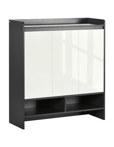 HOMCOM High Gloss Shoe Cabinet with White Doors and Open Shelves, Hallway Shoe Cupboard Storage Organizer for 19 Pairs of Shoes,