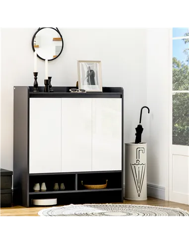 HOMCOM High Gloss Shoe Cabinet with White Doors and Open Shelves, Hallway Shoe Cupboard Storage Organizer for 19 Pairs of Shoes,