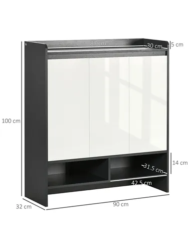 HOMCOM High Gloss Shoe Cabinet with White Doors and Open Shelves, Hallway Shoe Cupboard Storage Organizer for 19 Pairs of Shoes,