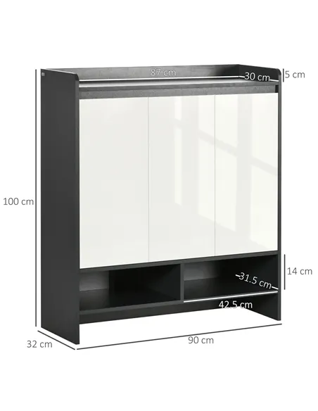 HOMCOM High Gloss Shoe Cabinet with White Doors and Open Shelves, Hallway Shoe Cupboard Storage Organizer for 19 Pairs of Shoes,