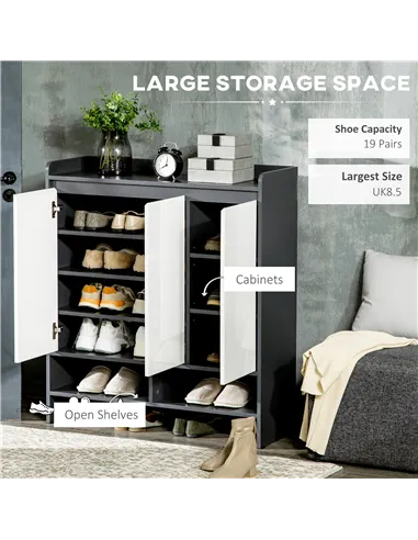 HOMCOM High Gloss Shoe Cabinet with White Doors and Open Shelves, Hallway Shoe Cupboard Storage Organizer for 19 Pairs of Shoes,