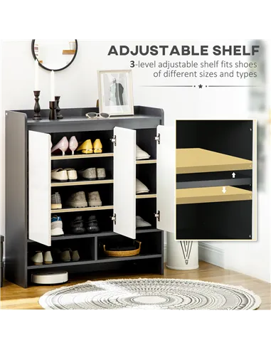 HOMCOM High Gloss Shoe Cabinet with White Doors and Open Shelves, Hallway Shoe Cupboard Storage Organizer for 19 Pairs of Shoes,