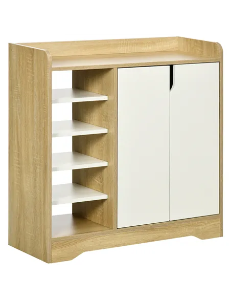 HOMCOM Shoe Storage with Double Doors and Open Shelves 13 Pair Shoe Storage Organizer for Entryway Hallway Natural and White