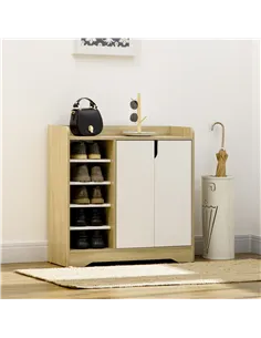 HOMCOM Shoe Storage with Double Doors and Open Shelves 13 Pair Shoe Storage Organizer for Entryway Hallway Natural and White 2