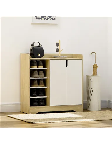 HOMCOM Shoe Storage with Double Doors and Open Shelves 13 Pair Shoe Storage Organizer for Entryway Hallway Natural and White
