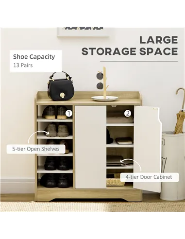 HOMCOM Shoe Storage with Double Doors and Open Shelves 13 Pair Shoe Storage Organizer for Entryway Hallway Natural and White