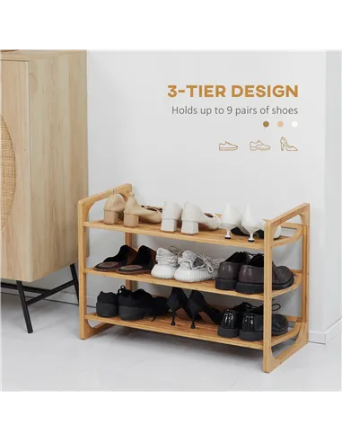 HOMCOM 3-Tier Shoe Rack, Bamboo Shoe Storage Organizer with Slatted Shelves, Free Standing Shoe Shelf Stand for 9 Pairs of Shoes