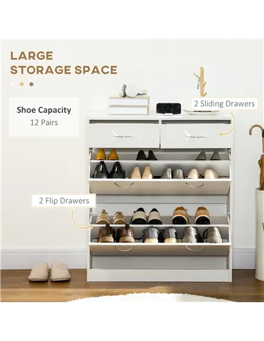 HOMCOM Narrow Shoe Storage with 2 Flip Drawers and Adjustable Shelves Shoe Cabinet Organizer for 12 Pairs of Shoes, White