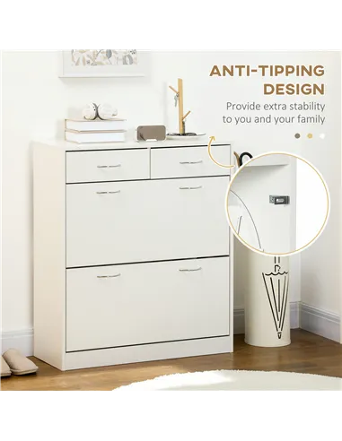 HOMCOM Narrow Shoe Storage with 2 Flip Drawers and Adjustable Shelves Shoe Cabinet Organizer for 12 Pairs of Shoes, White