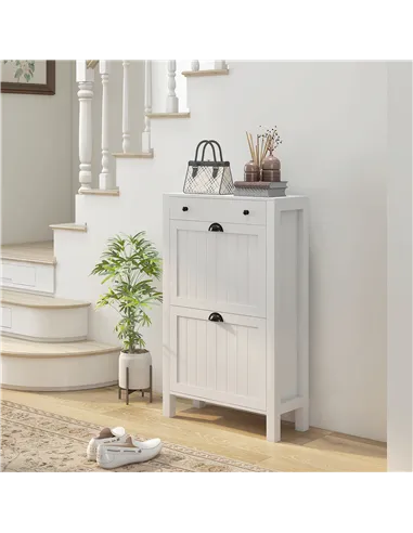 HOMCOM Narrow Shoe Cabinet with 2 Flip Drawers and Adjustable Shelves, White