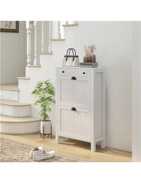 HOMCOM Narrow Shoe Cabinet with 2 Flip Drawers and Adjustable Shelves, White