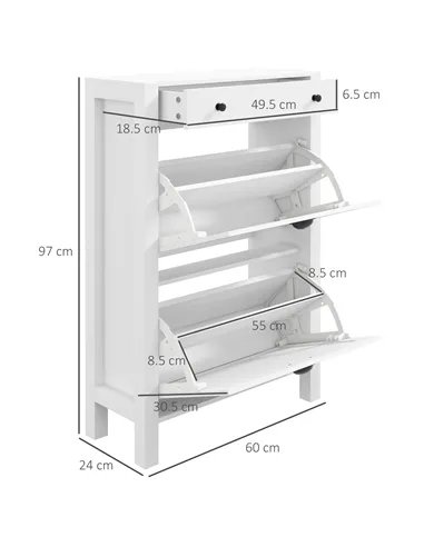 HOMCOM Narrow Shoe Cabinet with 2 Flip Drawers and Adjustable Shelves, White