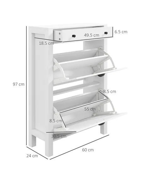 HOMCOM Narrow Shoe Cabinet with 2 Flip Drawers and Adjustable Shelves, White
