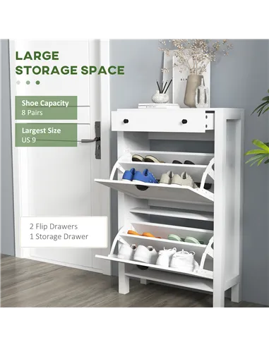 HOMCOM Narrow Shoe Cabinet with 2 Flip Drawers and Adjustable Shelves, White