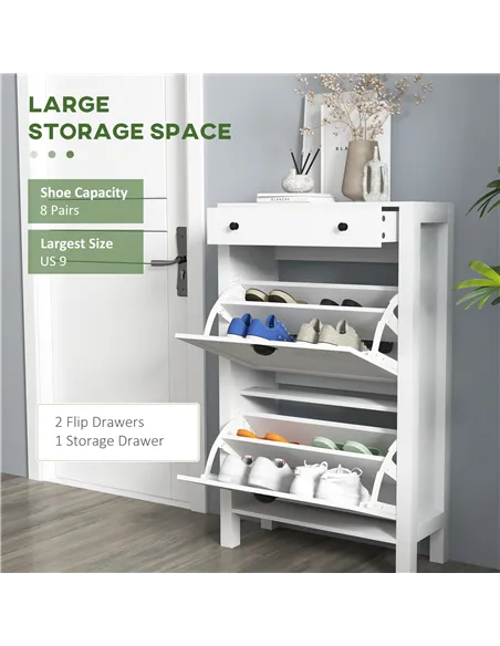 HOMCOM Narrow Shoe Cabinet with 2 Flip Drawers and Adjustable Shelves, White