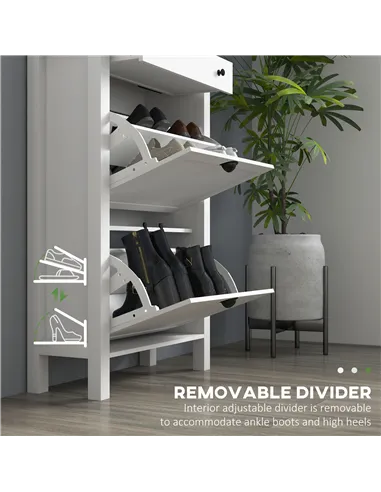HOMCOM Narrow Shoe Cabinet with 2 Flip Drawers and Adjustable Shelves, White