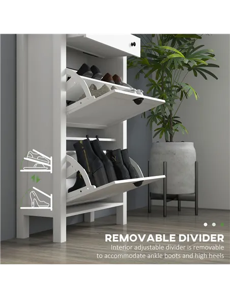 HOMCOM Narrow Shoe Cabinet with 2 Flip Drawers and Adjustable Shelves, White