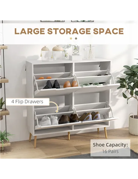 HOMCOM Shoe Storage Cabinet, 4 Flip Drawers, Shoe Organizer for 8-16 Pairs of Shoes, White