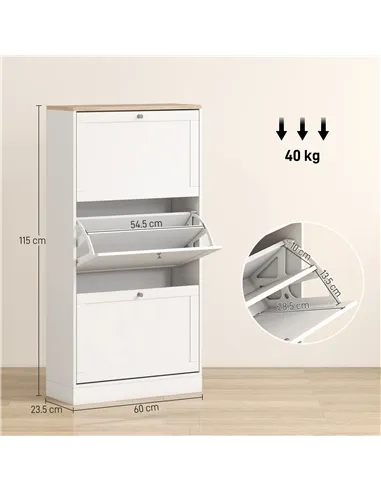HOMCOM Modern Compact Three-Drawer Shoe Storage Cabinet - White