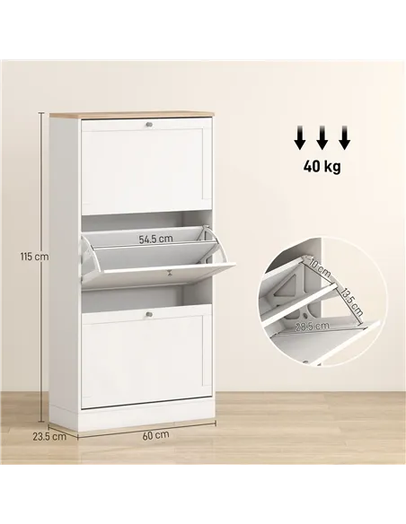HOMCOM Modern Compact Three-Drawer Shoe Storage Cabinet - White