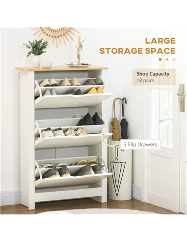HOMCOM Slim Shoe Cabinet, Narrow Shoe Cupboard with 3 Flip Drawers, Adjustable Shelves for 18 Pairs of Shoes for Hallway, White