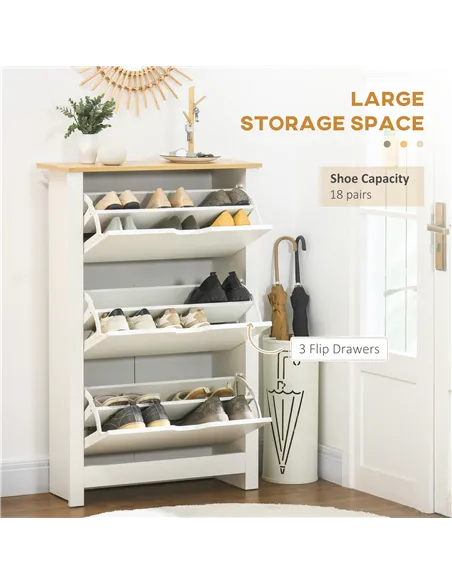 HOMCOM Slim Shoe Cabinet, Narrow Shoe Cupboard with 3 Flip Drawers, Adjustable Shelves for 18 Pairs of Shoes for Hallway, White