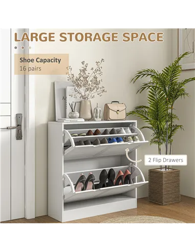 HOMCOM 2 Drawers Entryway Shoe Cabinet, Narrow Shoe Storage Cabinet with 2 Flip Drawers, Louvred Door Design and Adjustable Shel