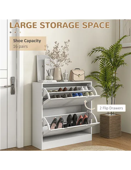 HOMCOM 2 Drawers Entryway Shoe Cabinet, Narrow Shoe Storage Cabinet with 2 Flip Drawers, Louvred Door Design and Adjustable Shel