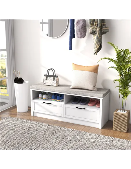 HOMCOM Shoe Bench with Removable Cushion, Shoe Storage Bench with Padded Seat, Open Compartments and Drawers for Entryway Hallwa