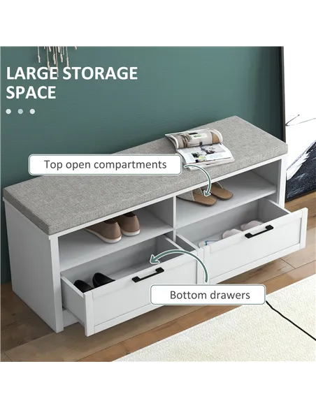 HOMCOM Shoe Bench with Removable Cushion, Shoe Storage Bench with Padded Seat, Open Compartments and Drawers for Entryway Hallwa