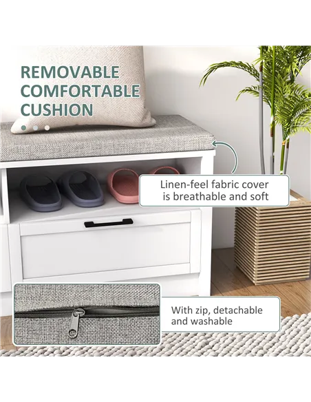 HOMCOM Shoe Bench with Removable Cushion, Shoe Storage Bench with Padded Seat, Open Compartments and Drawers for Entryway Hallwa