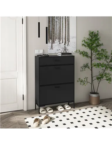 HOMCOM Three Drawer Slim Shoe Storage Cabinet, 12 Shoe Pairs - Black