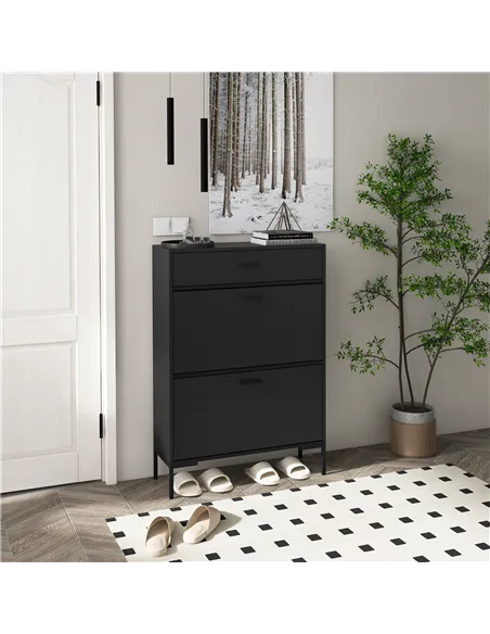 HOMCOM Three Drawer Slim Shoe Storage Cabinet, 12 Shoe Pairs - Black