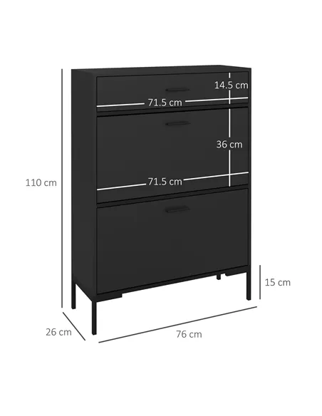 HOMCOM Three Drawer Slim Shoe Storage Cabinet, 12 Shoe Pairs - Black