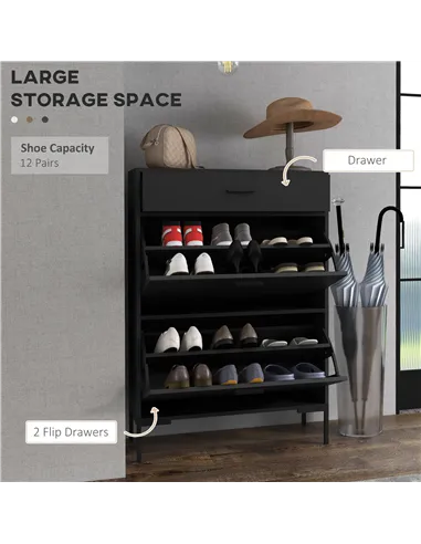 HOMCOM Three Drawer Slim Shoe Storage Cabinet, 12 Shoe Pairs - Black