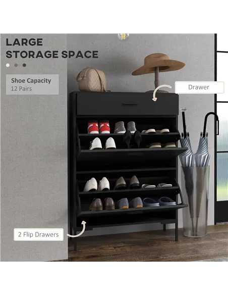 HOMCOM Three Drawer Slim Shoe Storage Cabinet, 12 Shoe Pairs - Black