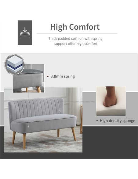 HOMCOM Modern Velvet Double Seat Sofa w/ Wood Frame Foam Padding High Back Soft Comfortable Compact Couch Grey
