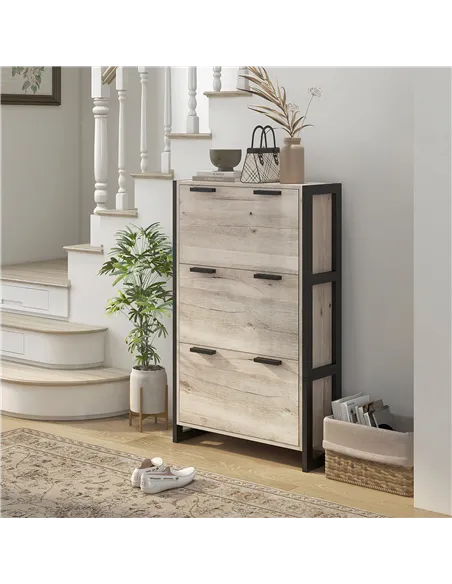 HOMCOM Shoe Storage Cabinet with 3 Flip Drawers Adjustable Shelf 18 Pairs Narrow Shoe Cupboard for Entryway Natural Wood-effect