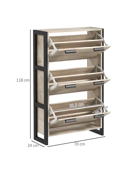 HOMCOM Shoe Storage Cabinet with 3 Flip Drawers Adjustable Shelf 18 Pairs Narrow Shoe Cupboard for Entryway Natural Wood-effect