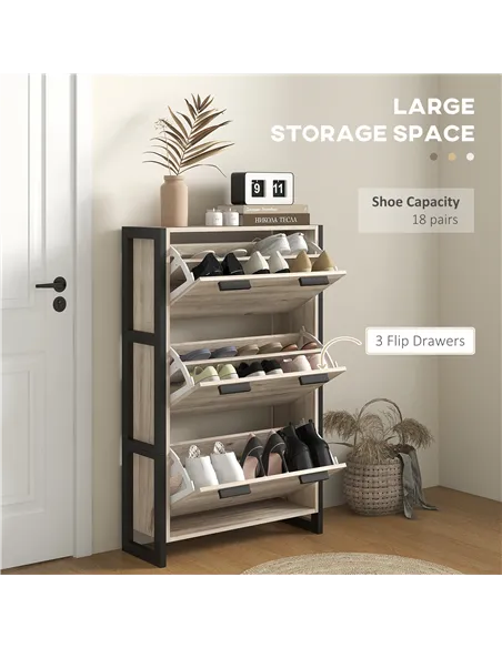 HOMCOM Shoe Storage Cabinet with 3 Flip Drawers Adjustable Shelf 18 Pairs Narrow Shoe Cupboard for Entryway Natural Wood-effect