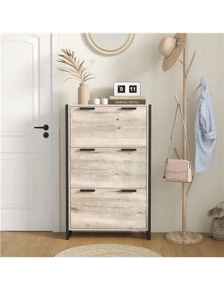 HOMCOM Shoe Storage Cabinet with 3 Flip Drawers Adjustable Shelf 18 Pairs Narrow Shoe Cupboard for Entryway Natural Wood-effect
