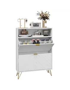 HOMCOM 12 Shoe Storage Cabinet, with Chevron Indents and Gold Tone Accents - White