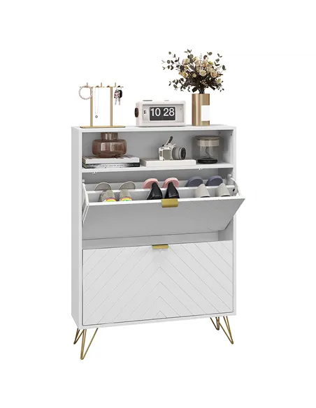 HOMCOM 12 Shoe Storage Cabinet, with Chevron Indents and Gold Tone Accents - White
