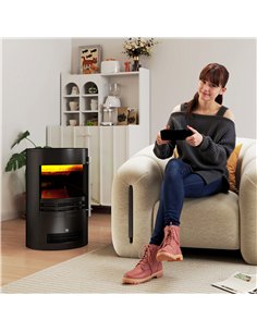 HOMCOM 1000W/2000W Freestanding Electric Fireplace, Indoor Heater Fire Stove with Log Burner Effect Flame, Thermostat Control 2