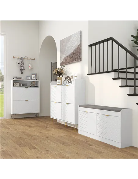 HOMCOM 12 Shoe Storage Cabinet, with Chevron Indents and Gold Tone Accents - White