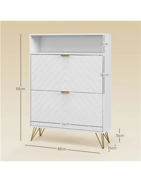 HOMCOM 12 Shoe Storage Cabinet, with Chevron Indents and Gold Tone Accents - White