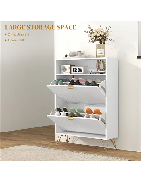 HOMCOM 12 Shoe Storage Cabinet, with Chevron Indents and Gold Tone Accents - White